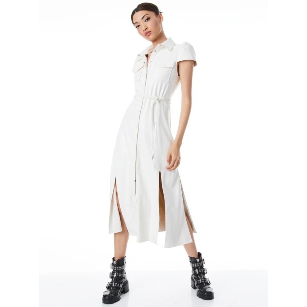 Alice + Olivia NWT Miranda Short Sleeve Midi Vegan Leather Midi Dress Ivory Sz 0